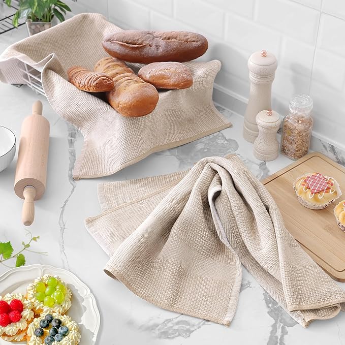 Homaxy Premium Kitchen Towels(18”x 28”, 6 Pack), Large Cotton Kitchen Hand Towels, Flat and Terry Dish Towels, 380 GSM Highly Absorbent Tea Towel Set with Hanging Loop, Khaki