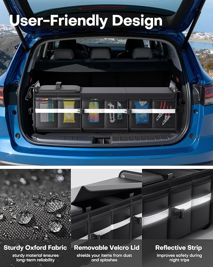 HOTOR Trunk Organizer - 3-Compartment Car Organizer and Storage with Cooler Bag, Foldable Car Storage Organizer for SUV with Handles & Strap for Shopping, Picnic, 37.0" x 14.6" x 12.0", Black