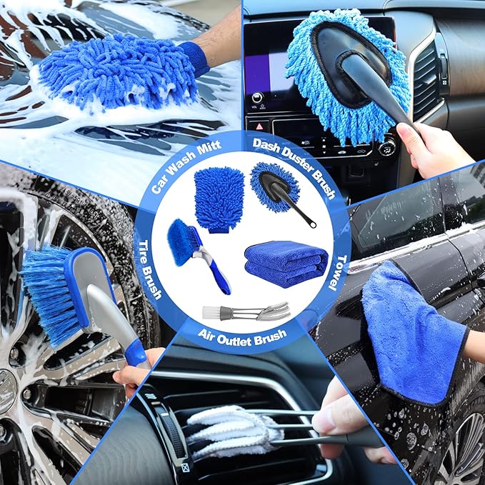 NIKCOSMK 62'' Car Wash Brush Kit - Mitt, Mop, Sponge & Long Handle, Scratch-Free Chenille Replacement Head, Wheel Tire Brush, Car Detailing Kit for Cars, RV, Truck