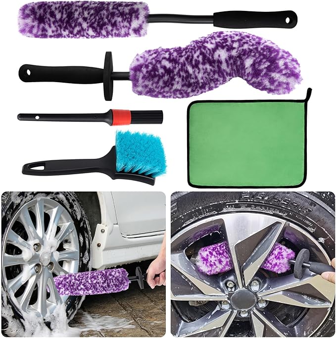 5 Pack Car Wheel and Tire Cleaner Brushes Kit Auto Motorcycle Rim Ultra Soft Microfiber No Spatter Bendable Woolies Bristle Cleaning Set (Purple & White)