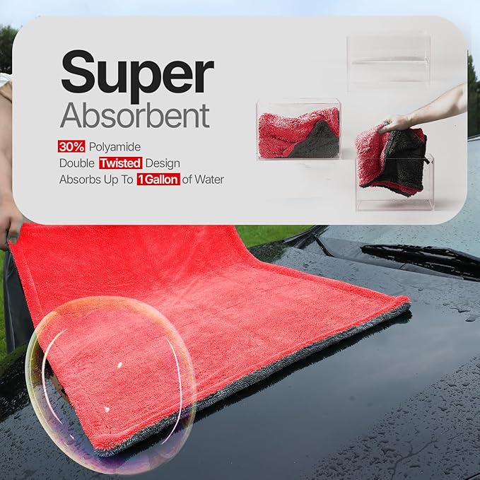 Quick & Effortless XL (36x24) Car Drying Towel with Double Twisted Loop - 1300GSM Super Absorbent Microfiber Towel Perfect for Large Vehicles, The Ultimate One-Pass Shine Zero Streaks, Zero Spots