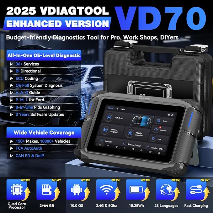 Bidirectional Scan Tool VDIAGTOOL VD70, OBD2 Scanner Diagnostic Tool with ECU Coding, 36+ Resets, FCA AutoAuth, All System, PMI, CAN FD & DoIP, V.A.G. Guide, 3-Year Update