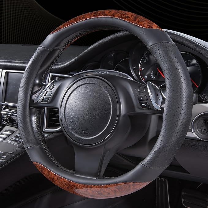 CAR-PASS Wood Grain Microfiber Leather Steering Wheel Cover, 14.5-15 inch Fit for 95% Automotive SUV Truck Sedan, Luxury Premium Rubber Perforated Leather, Non-Slip, (Black)