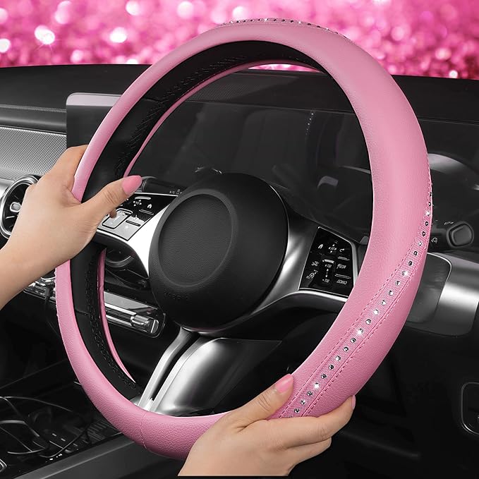 CAR PASS Bling Diamond Pink Leather Steering Wheel Cover, Studded Shining Rhinestones Universal Fit 14" 1/2-15" Glitter Sparkly Crystal Fit for Women Girl SUV,Vans,Sedans,Car,Trucks, Pink Diamond