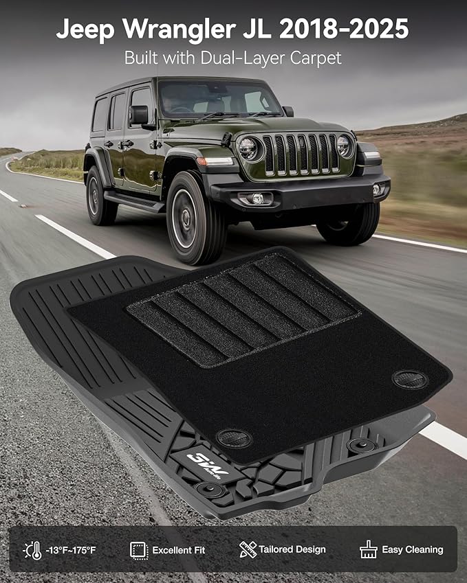 3W Floor Mats & Cargo Liner with Carpets on TOP Fit for Jeep Wrangler JL 2018-2024 2025 Unlimited 4-Door Sahara Willys Rubicon with Subwoofer(Non JK or 4XE) Car Mats Custom Fit for Wrangler JL, 8PCS