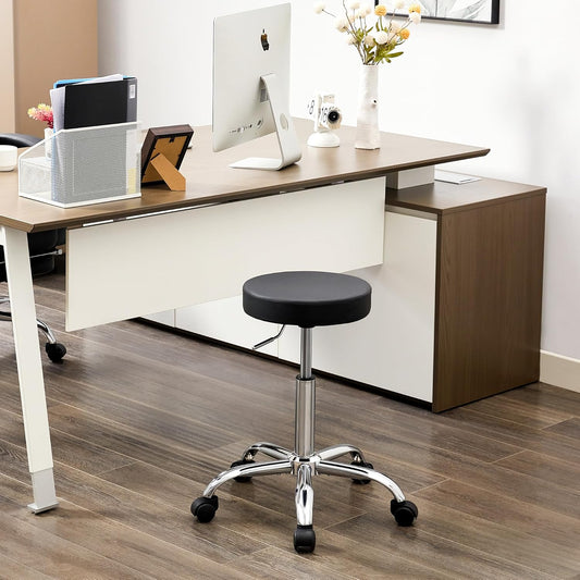 Rolling Office Stools, Adjustable Drafting Stool on Wheels 19.5’’-26.6’’, Black Ergonomic Office Chair (Black)