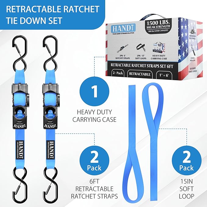 HandT USA Based Retractable Ratchet Straps (2PK) 1in x 6ft - 1,500lb Break Strength, Heavy Duty Automatic Ratchet Straps Self Retractable Tie Down, Push Button Retracting Truck Trailer Cargo | Blue