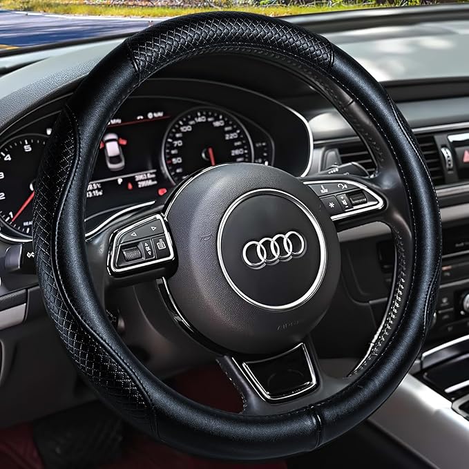 Haokay Heavy Duty Pure Cowhide Steering Wheel Cover, Genuine Leather Steering Cover with 15 Inches Universal Fit