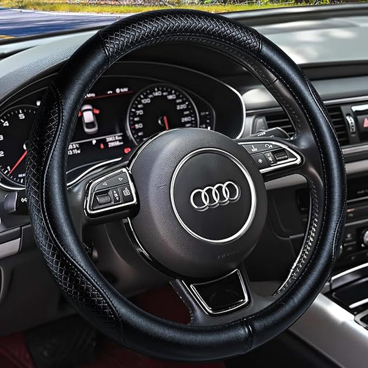 Haokay Heavy Duty Pure Cowhide Steering Wheel Cover, Genuine Leather Steering Cover with 15 Inches Universal Fit