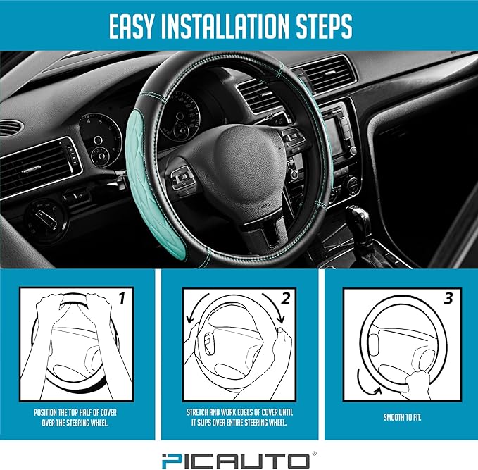 PIC AUTO Steering Wheel Cover, Mint Thick Rhombic Foam and Premium Leather, Universal 14.5-15.5 Inch Breathable Anti-Slip Steering Wheels Accessories for Men & Women