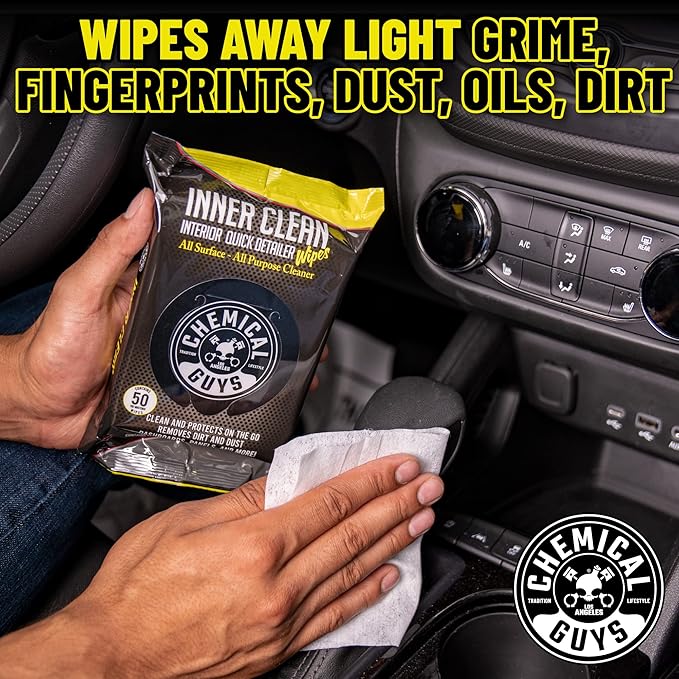 Chemical Guys InnerClean Interior Quick Detailer & Protectant Wipes – 50 Pack Multi Surface Cleaning Wipes for Dashboards, Doors and Seats – Safe for Cars, Trucks, SUVs, RVs and Home Use