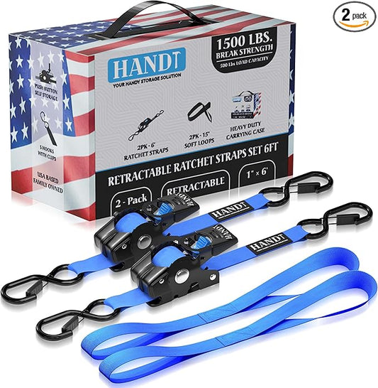 HandT USA Based Retractable Ratchet Straps (2PK) 1in x 6ft - 1,500lb Break Strength, Heavy Duty Automatic Ratchet Straps Self Retractable Tie Down, Push Button Retracting Truck Trailer Cargo | Blue