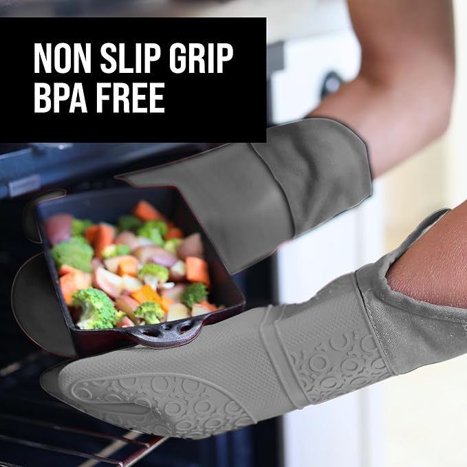BPA-Free Soft Silicone Oven Mitts - Ultra Heat Resistant Oven Mitts with Thick Cotton Liner - Extra Long Slip Resistant Pot Holders, Flexible Oven Gloves - Gray 14.7"