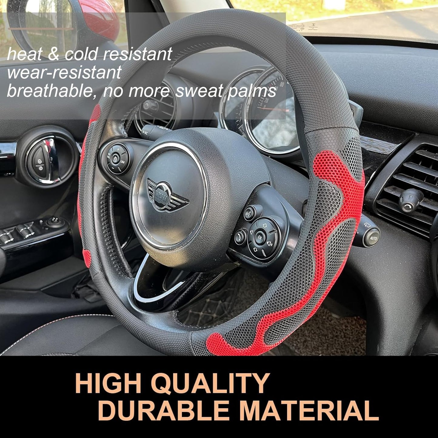 PINCTROT Large Size Comfy Grip Steering Wheel Cover, Anti-Slip Design, 15.5-15.75 Inch(Silicone Red)