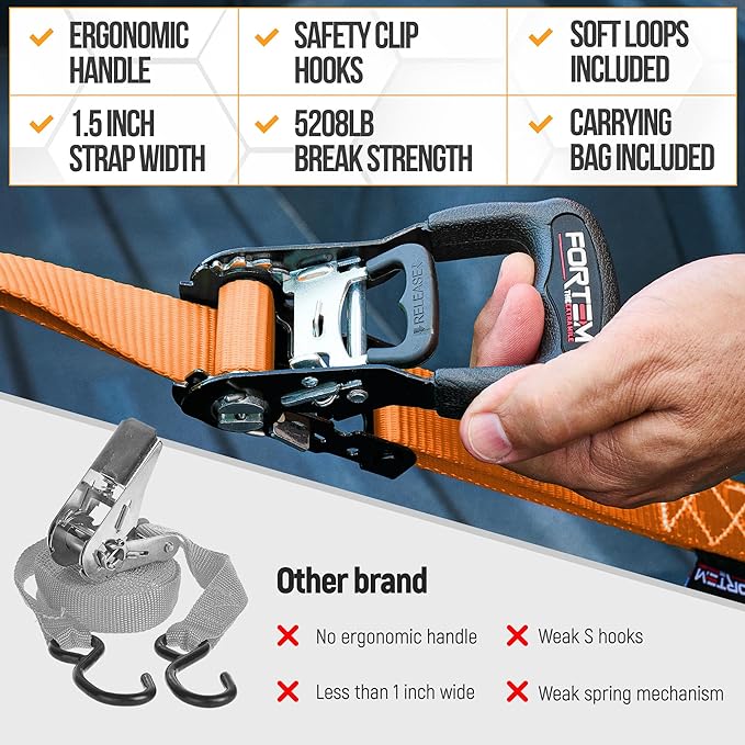 FORTEM Ratchet Tie Down Straps, 5208lb Break Strength, 4 Pack 10ft x 1.5in Heavy Duty Straps, 4 Soft Loops, Cam Buckles for Motorcycles, Safety Lock S Hooks, Carry Bag