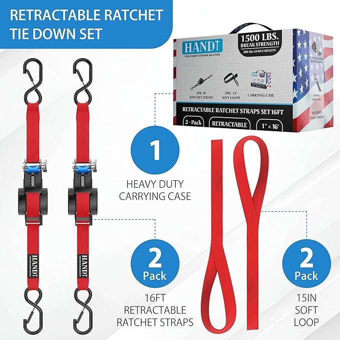 USA Based Retractable Ratchet Straps (2PK) 1in x 16ft - 1,500lb Break Strength, Heavy Duty Automatic Ratchet Straps Self Retractable Tie Down, Push Button Retracting Truck Trailer Cargo | Red