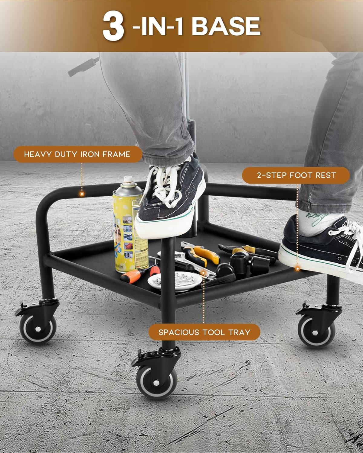 Shop Stool with Lockable Rubber Wheels Adjustable Backrest Tool Tray Storage 400 lb Capacity Rolling Garage Stool (Brown)