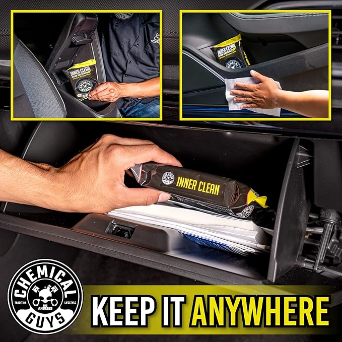 Chemical Guys InnerClean Interior Quick Detailer & Protectant Wipes – 50 Pack Multi Surface Cleaning Wipes for Dashboards, Doors and Seats – Safe for Cars, Trucks, SUVs, RVs and Home Use