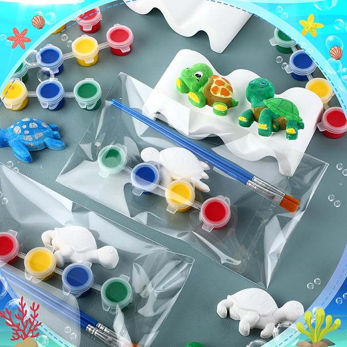 Foilswirl 24 Set Turtle DIY Painting Kit Ceramic to Paint Your Own Turtle Statues Unpainted Plaster Figurines with Brushes Acrylic Bags Arts and Crafts Kits Party Favor for Adults