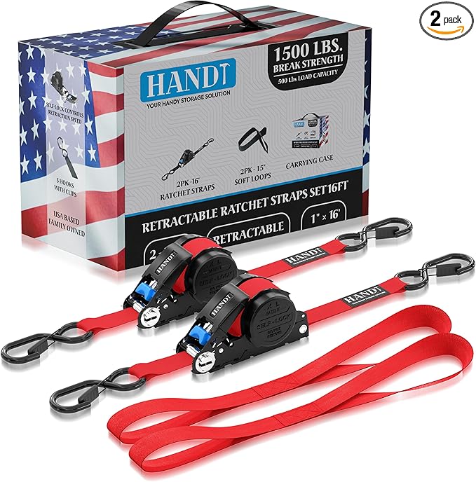 USA Based Retractable Ratchet Straps (2PK) 1in x 16ft - 1,500lb Break Strength, Heavy Duty Automatic Ratchet Straps Self Retractable Tie Down, Push Button Retracting Truck Trailer Cargo | Red