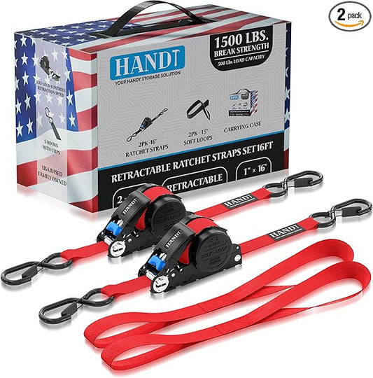 USA Based Retractable Ratchet Straps (2PK) 1in x 16ft - 1,500lb Break Strength, Heavy Duty Automatic Ratchet Straps Self Retractable Tie Down, Push Button Retracting Truck Trailer Cargo | Red
