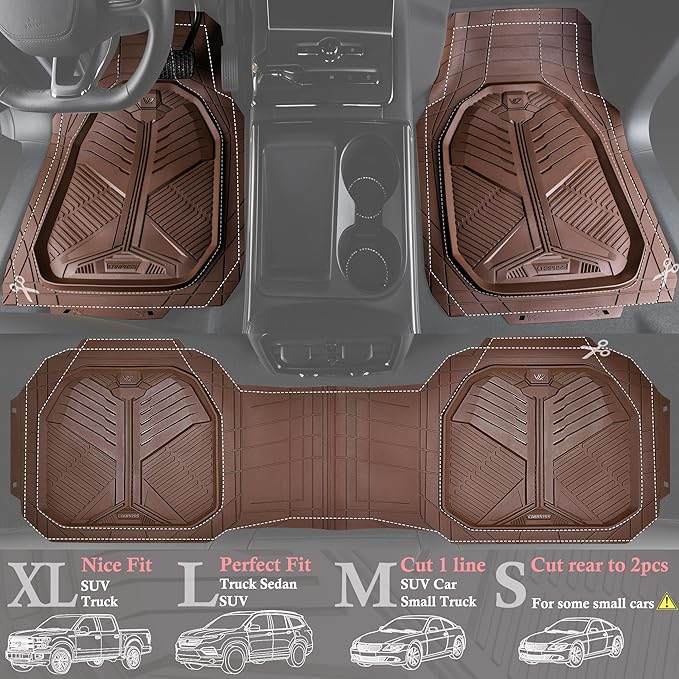 CAR PASS Heavy Duty Rubber Car Mats, Deep-Dish Odorless Car Floor Mats All Weather, Trim-to-Fit for SUVs Trucks Sedans, Waterproof Anti-Slip, 3 Pieces V12 Brown