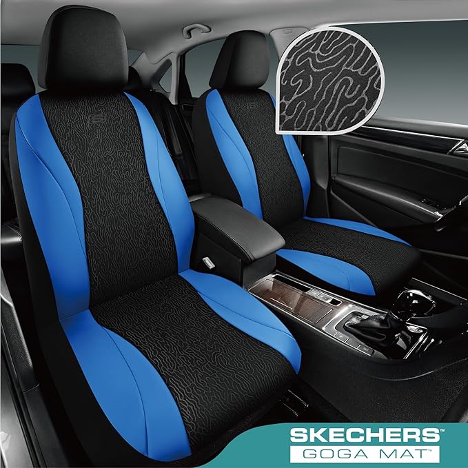 Skechers Car Seat Covers,Leather Seat Covers with GOGA Mat Technology,Waterproof Car Seat Covers Front Seats,Airbag Compatible,Comfort Universal Fit for Most Cars,Vans,Trucks,SUVs,Blue