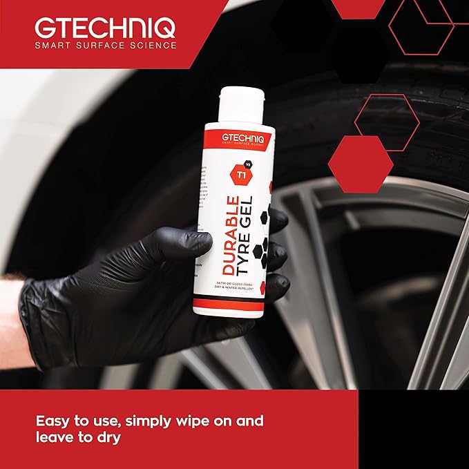 Gtechniq T1 Durable Tyre Gel for Car Tyre Shine, Car Wheel Cleaner Repels Water, Dirt and Grime, Restores Tyre Black Finish, Anti-Sling Formula, 100% Biodegradable, 250ml