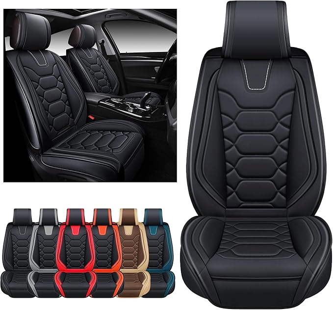 OASIS AUTO Car Seat Covers Front Seats, Waterproof Faux Leather Seat Covers for Cars Universal Fit for SUV, Truck, Sedan, Black Premium Car Seat Protector with Cushions