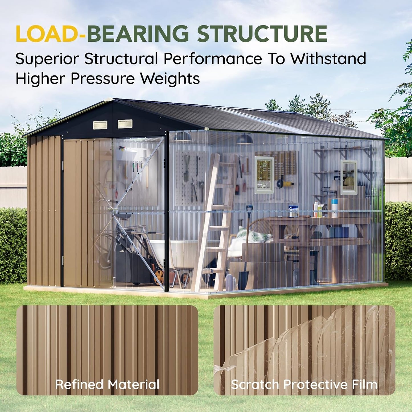 Breezz Outdoor Storage Shed 10 x 12ft. Utility Tool Shed Metal Storage Garden Shed with Lockable Doors, Windows & Metal Frame Floor for Patio Storage,Brown