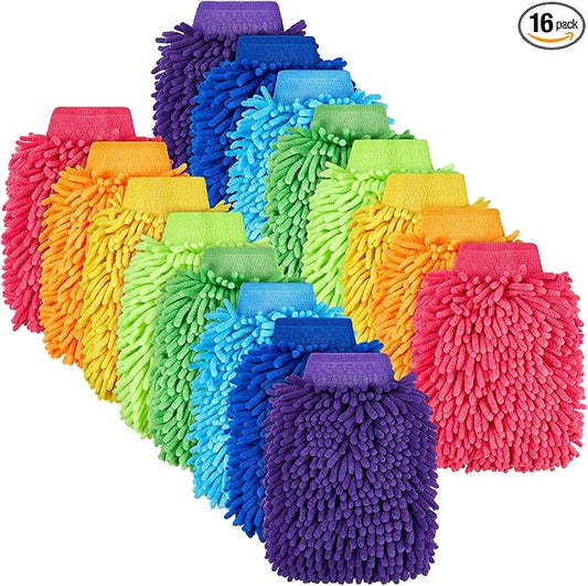 Toulite 16 Pcs Car Wash Mitt Chenille Microfiber Wash Mitt Double Sided Glove Cleaning Drying Mitts(7.48 x 10.24 Inch,Bright Colors)
