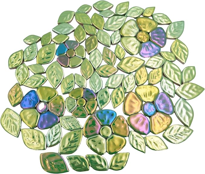 1.1LB Iridescent Leaves Ceramics Mosaic Tiles,Making Creative 3 Size Ceramic Mosaic Pieces for DIY Craft,Flowerpots,Vases,Cups,Garden Decor Mosaic Making Supplies (Green Flowers + Green Leaves)