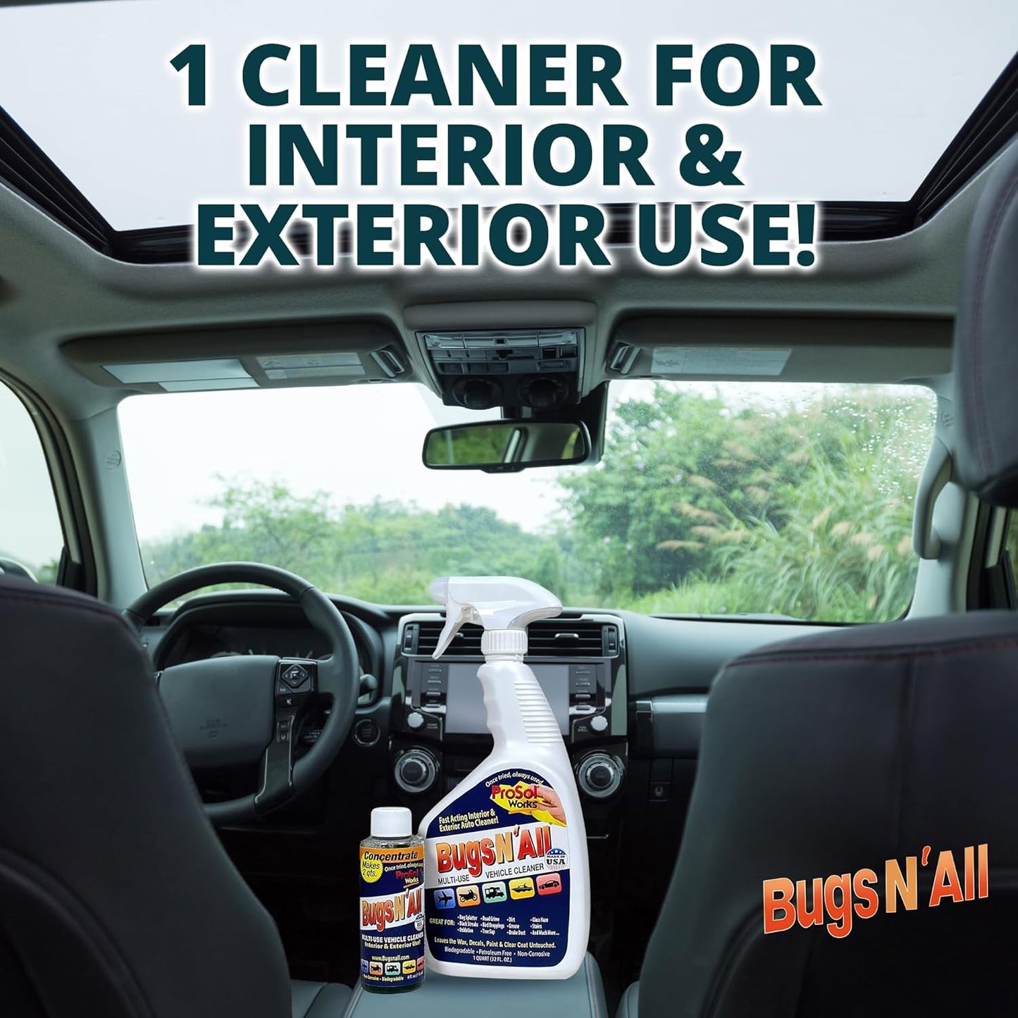 Bugs N’ All Multipurpose Car Cleaner & Degreaser - Bug & Tar Remover Concentrate 4 oz - Exterior Cleaner Safe for Car Paint, Metal, Chrome, Aluminum, Windows & Mirrors - w/Free 32 oz Spray Bottle