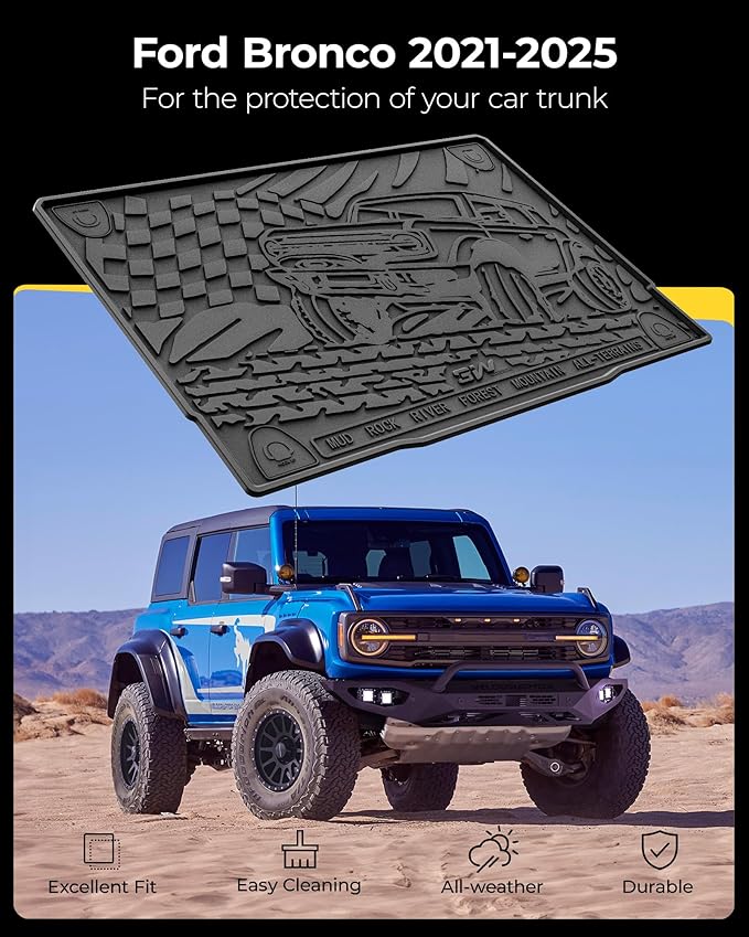3W Cargo Liner Custom Fit for 2021-2025 Ford Bronco 4 Door, All Weather TPE Heavy Duty Truck Car Mat Accessories Fit for Bronco Trunk Mat, Black (Not for Bronco Sport)