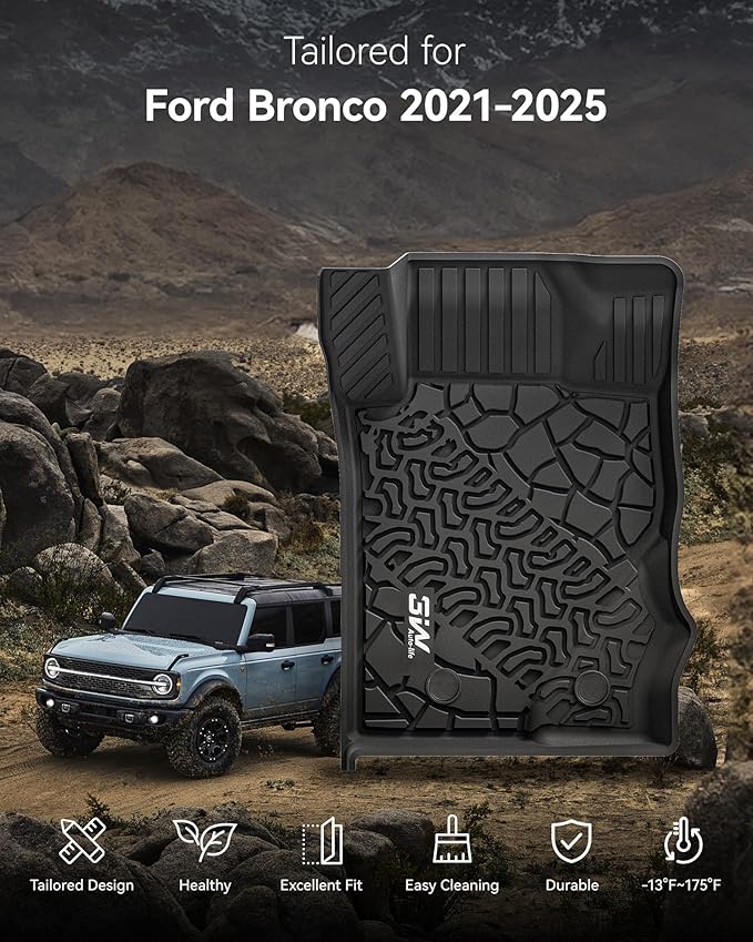 3W Floor Mats Fit for 2021-2024 Ford Bronco 4-Door, All Weather TPE Custom Fit Bronco Floor Liners Car Accessories (Not Fit Sport & Vinyl Floor)