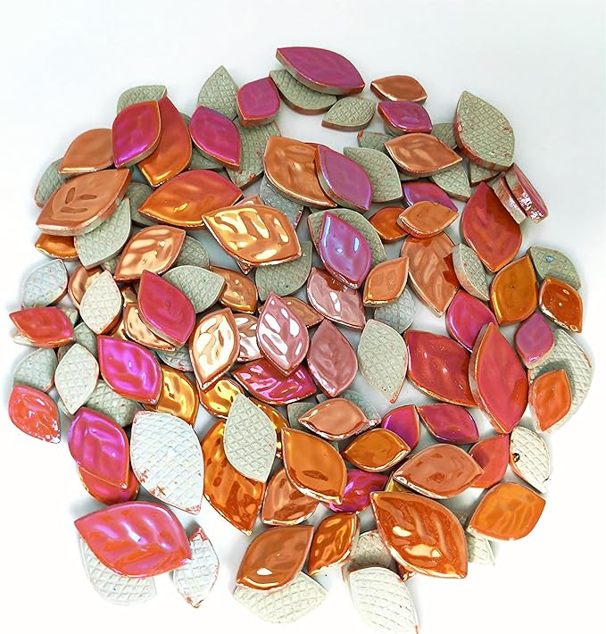 1.1LB Random Iridescent Leaves Ceramics Mosaic Tiles, Making Creative 3 Size Ceramic Mosaic Pieces for DIY Craft,Flowerpots, Vases, Cups, Garden Decor Mosaic Making Supplies (Orange)