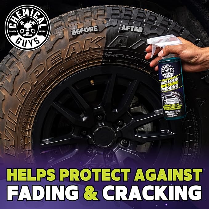Chemical Guys Galactic Black Wet Look Tire Shine Dressing – High Gloss Spray for Tires, Trim and Rubber – Restores Deep Black Shine and Protection for Cars, Trucks, Motorcycles and RVs, 16 oz