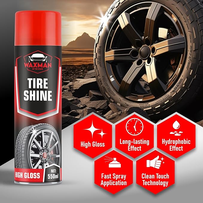 Tire Shine Spray – Long-Lasting, Hydrophobic, Non-Greasy Tire Dressing – Deep Wet Look – Safe for Cars, Trucks, Motorcycles, RVs – 18.6 fl oz