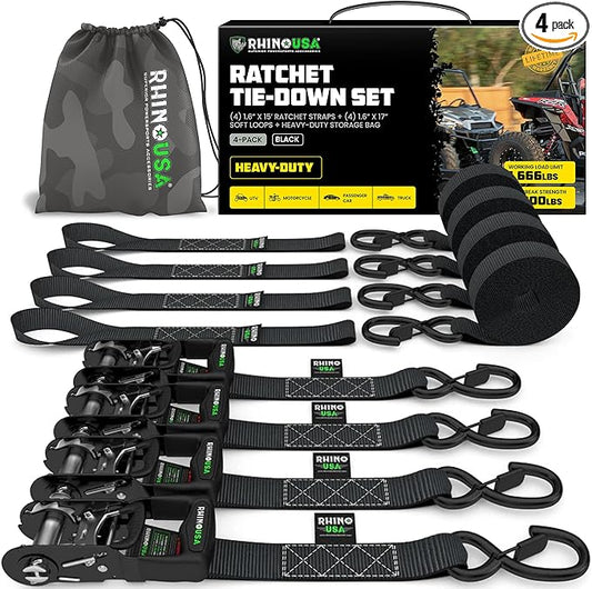 Rhino USA Ratchet Straps Heavy Duty Kit (4-Pack) - 1.6 Inch x 15 Feet Min Break Strength (5,000) - Ultimate Tie Down Straps with Safety S Hooks for Trucks, ATV, UTV, Motorcycle, Cargo & More - Green