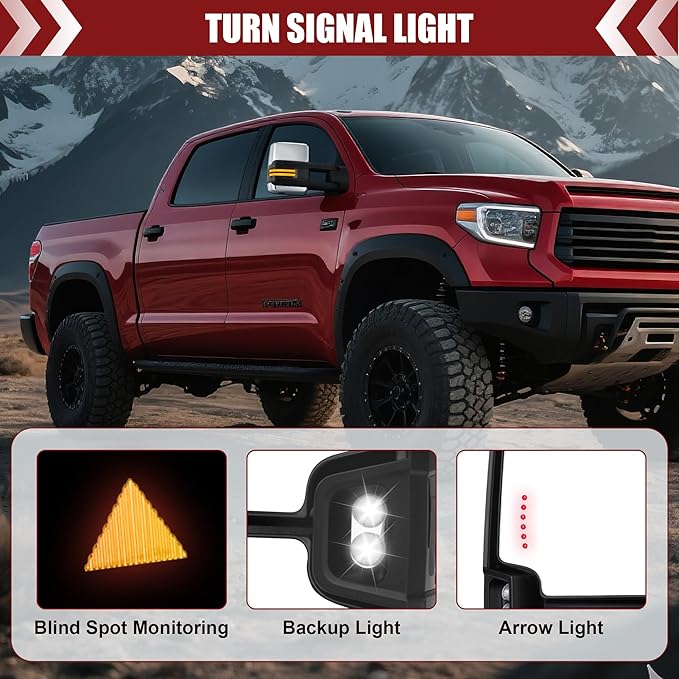 Tow Mirrors Compatible with 2007-2021 Tundra, 2008-2017 Sequoia, Extended Trailer Towing Side Mirrors with Blind Spot Monitoring, Sequential Switchback Turn Signal, Power Heated, Chrome
