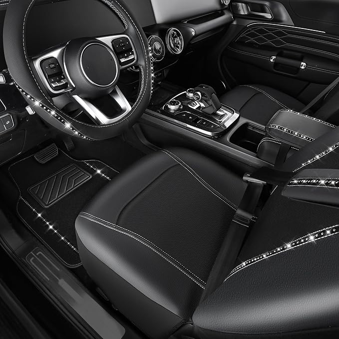 CAR PASS 14 PCS Bling Diamond Car Accessories Set for Women, Leather Seat Covers Front Seats Sparkly Rhinestone 15'' Steering Wheel Covers Shining Diamond Car Floor Mats Cute Interior Sets, Silver