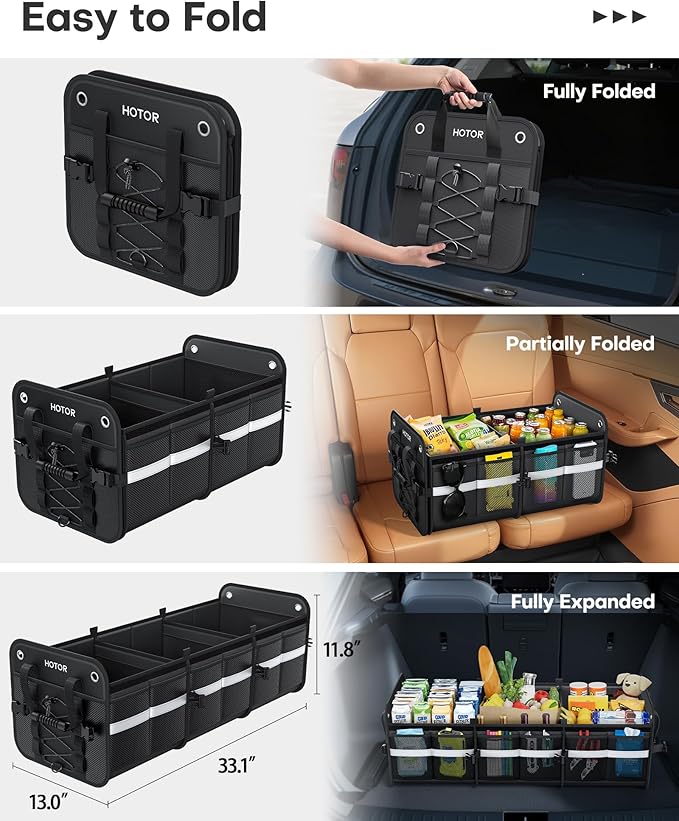 HOTOR Trunk Organizer - 3-Compartment Car Organizer and Storage with Cooler Bag, Foldable Car Storage Organizer for SUV with Handles & Strap for Shopping, Picnic, 33.1" x 13.0" x 11.8", Black