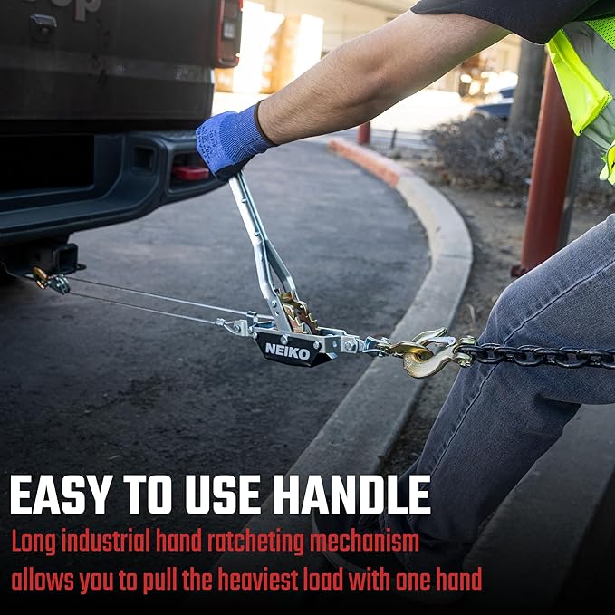 NEIKO 02252A Come Along Winch, 2-Ton (4000 Lbs) Pulling Capacity, 7.2 Ft, 2 Hook, Heavy Duty Power Cable Come Along Tool with Dual Gears, Hand Winch Cable, Automotive Hoist Winch Puller, Recovery Gear