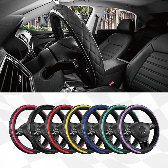 Road Comforts Leather Steering Wheel Cover – Black & Black, Universal Fit 14.5-15 Inch, Microfiber Leather, Anti-Slip & Breathable Design for Men and Women