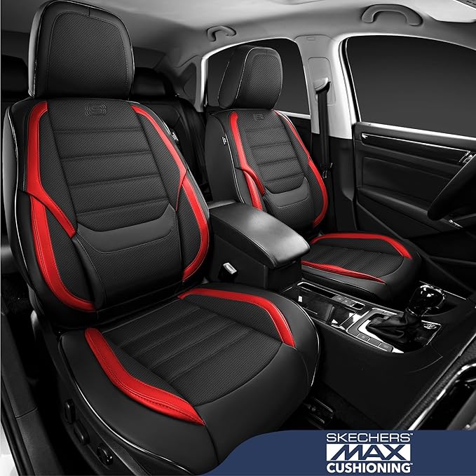 Skechers Seat Covers,Memory Foam Leather Car Seat Covers,Waterproof Car Seat Protector Full Sets,Car Seat Cushion Airbag Automotive Universal Fit for Most Cars,Vans,Trucks,SUV,Red