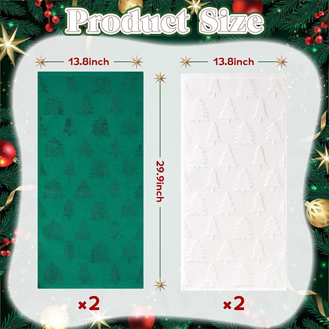 4 Pack Christmas Tree Hand Towels 14" x 30" 3D Jacquard Christmas Bathroom Towels Absorbent 100% Cotton White Green for Drying Cleaning Xmas Holiday Decorative Gift
