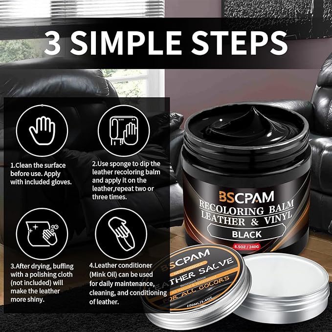 Black Leather Recoloring Balm with 100ml Mink Oil,Leather Couch Scratch Remover,Leather Repair kit for Vinyl Furniture and Car Interior,Leather Dye Paint,Mink Oil for Leather