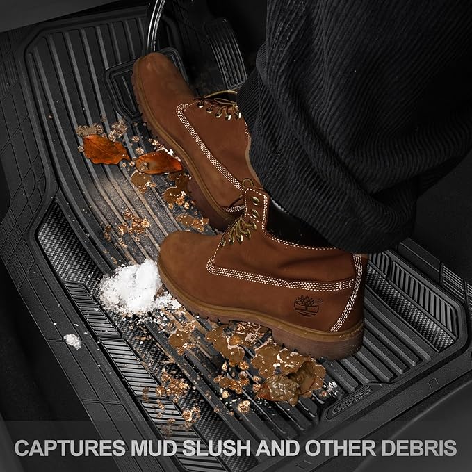 CAR PASS Heavy Duty Rubber Car Mats Metallic,Aluminum Film All Weather Floor Mats Waterproof Universal Trim to Fit SUVs Sedans Vans 4 Piece Anodized Deep Dish Two-Tone Sporty Carbon Fiber Black Chrome