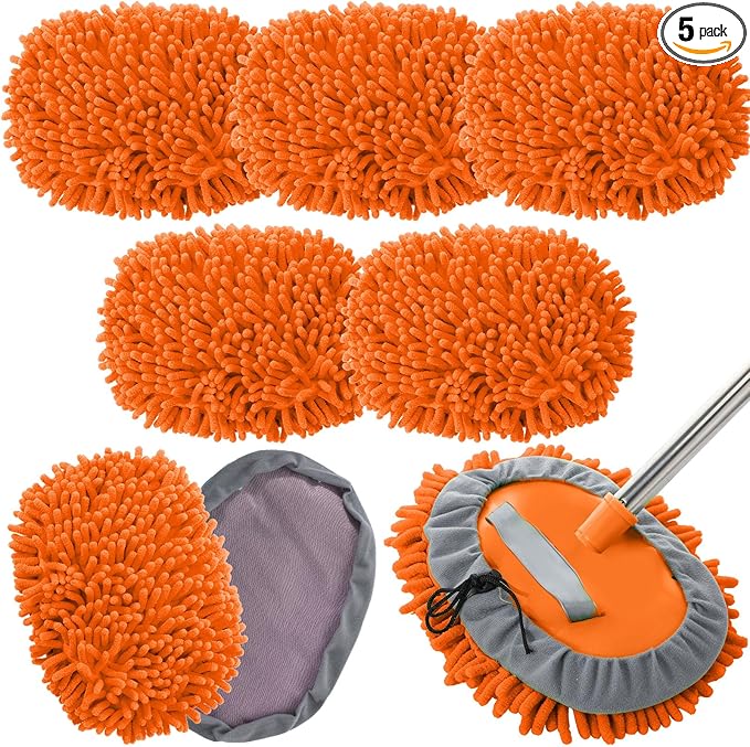 Layhit 5 Pcs Car Wash Mitt Set, Brush Not Included, Microfiber Mitt Cleaning Car Truck Washing Tools Kit RV Pickup Chenille Scratch Replacement(Orange)