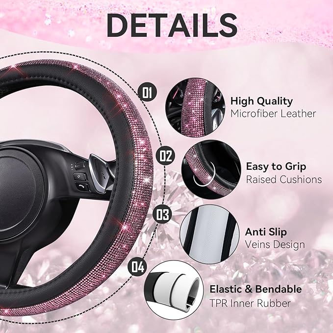 CAR PASS Bling Diamond Leather Steering Wheel Cover 14.5in-15in Floor Mats Shining Rhinestone Carpet Sparkly Glitter Crystal Anti-Slip Pad Fit Automotive SUV Pickup Truck Girl Women, 5pcs Black Pink